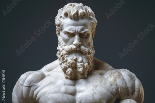 Antique musculine statue of a brutal man with a beard and big muscles