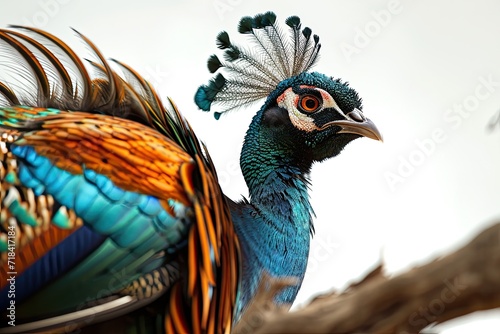 Portrait majestic of Congo peacock with old log AI Generative photo