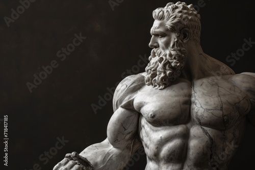 Antique musculine statue of a brutal man with a beard and big muscles