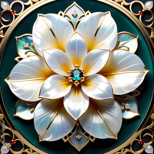 AI prompt  4K  graphic of an intricate jasmine flower with mother-of-pearl  gemstones  and gold for a captivating atmosphere. Generative AI  