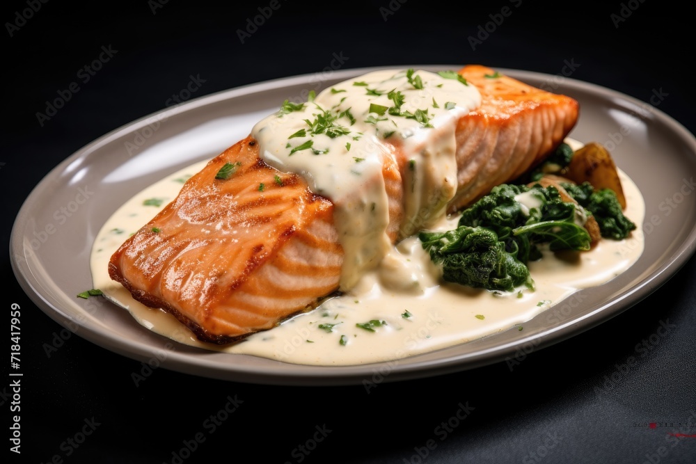 Salmon with sauce on plate Salmon with sauce on plate