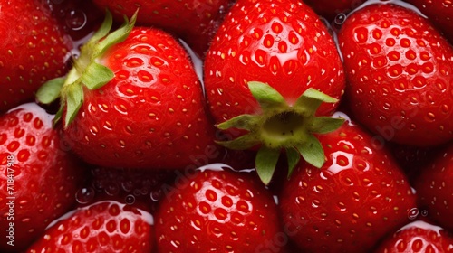 Red strawberry fruit background. Top view close up photo of red strawberries.