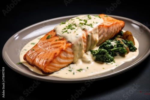 Salmon with sauce on plate