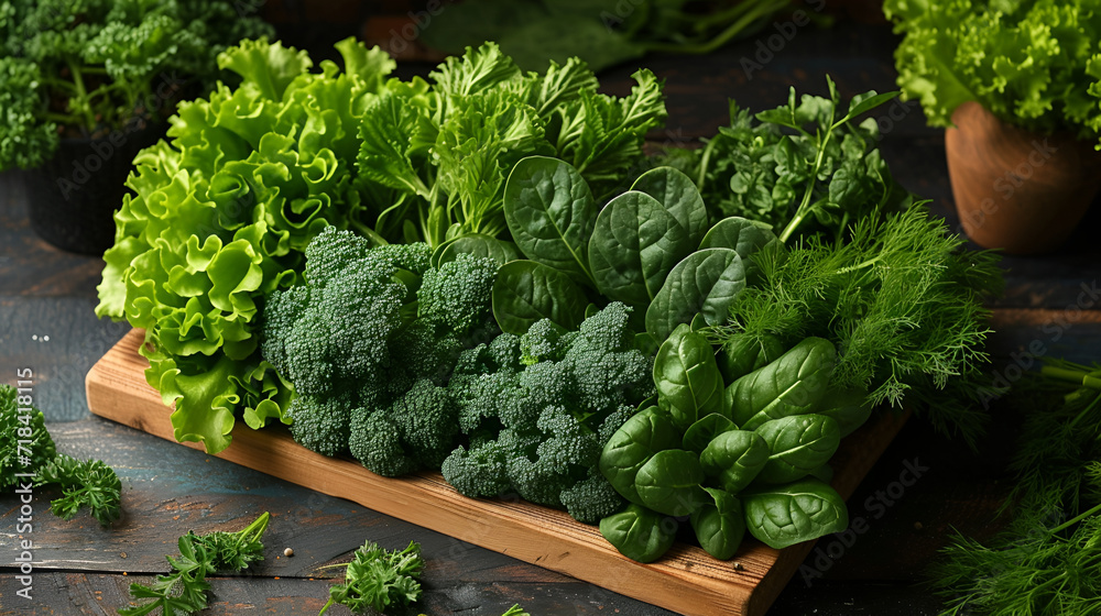 Diverse leafy greens arranged on a cutting board, showcasing nature's variety. Green diet, detox, natural food Diverse leafy greens arranged on a cutting board, showcasing nature's variety. Green diet, detox, natural food