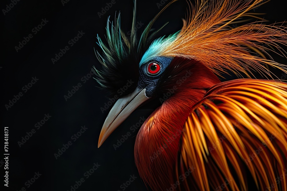 Fototapeta premium Portrait right side view of Greater Bird-of-Paradise on black background AI Generative