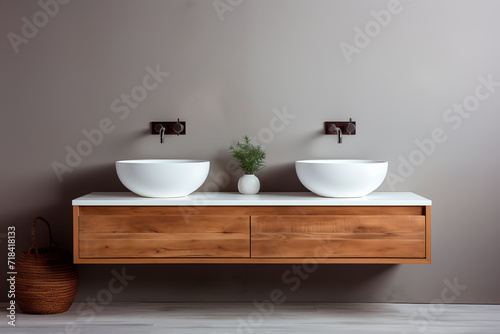 modern  minimalist bathroom design with wooden vanity against the wall and two white countertop sinks. No mirror  image with copy space. Generative AI