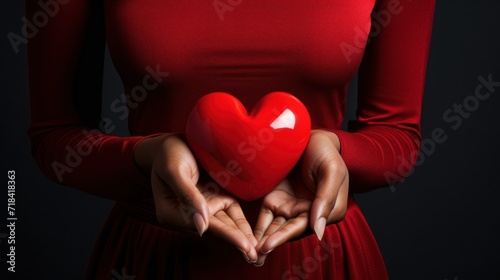  a woman in a red dress holding a red heart shaped object in her hands with both hands on her chest.