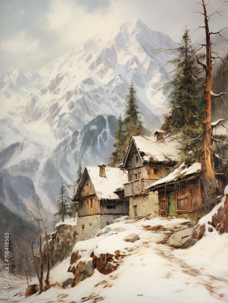 Vintage painting of Alpine Villages in Winter: Old Mountain Settlement | Snowy Scenic Beauty Series
