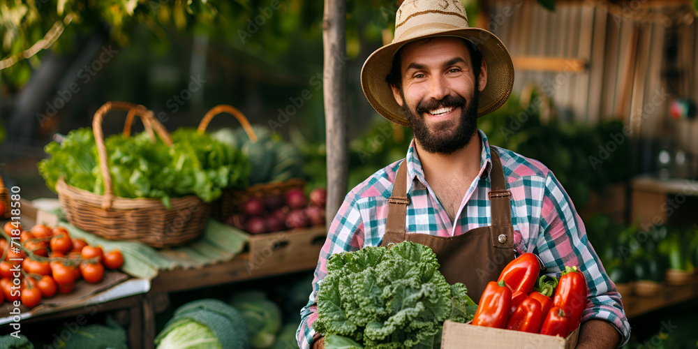 Fototapeta premium Agriculturist with fresh produce, ready for the day's market customers. Organic farming