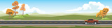 Travels of pickup car with driving for banner. Asphalt road near the meadow with spring tree. Under clear sky and white clouds. Copy Space Flat Vector.