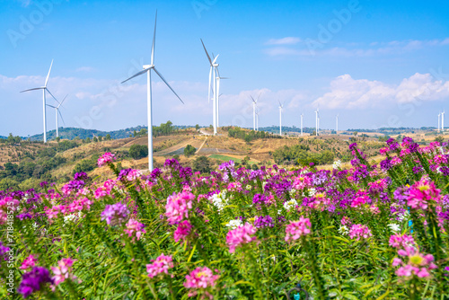 Group of wind turbines producing electricity in flowers