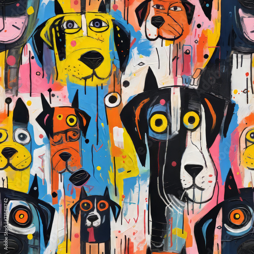Seamless pattern modern art dogs bright bold colors with paint and brushstroke texture art house style background wallpaper