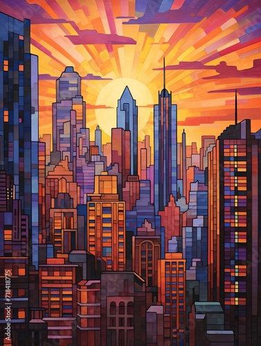 Art Deco City Sunset: Dusk Skyline Painting - Mesmerizing Urban Architecture