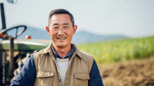 Asian middle age male farmer standing next to the tractor