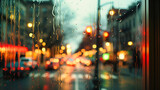 Rainy and Wet Window View, Night Street with Water Droplets, Urban and Raindrop Reflection, Dark and Moody Traffic Background, Blurred and Abstract Light Texture