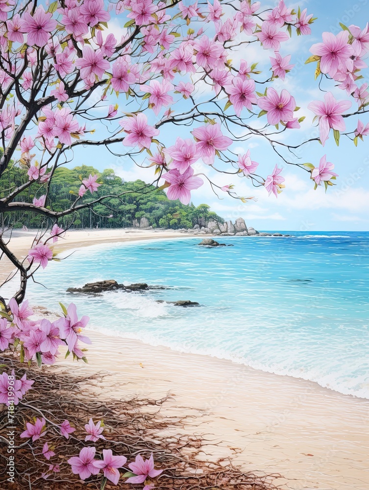 Blooming Cherry Blossom Festivals: Tropical Beach Art with Beachside Cherry Blossoms