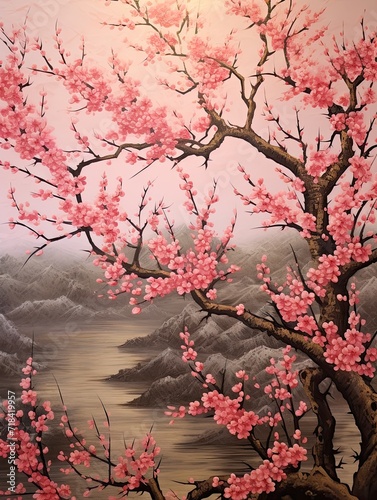 Sunset Painting  Blooming Cherry Blossom Festivals amid Dusk s Delicate Charm