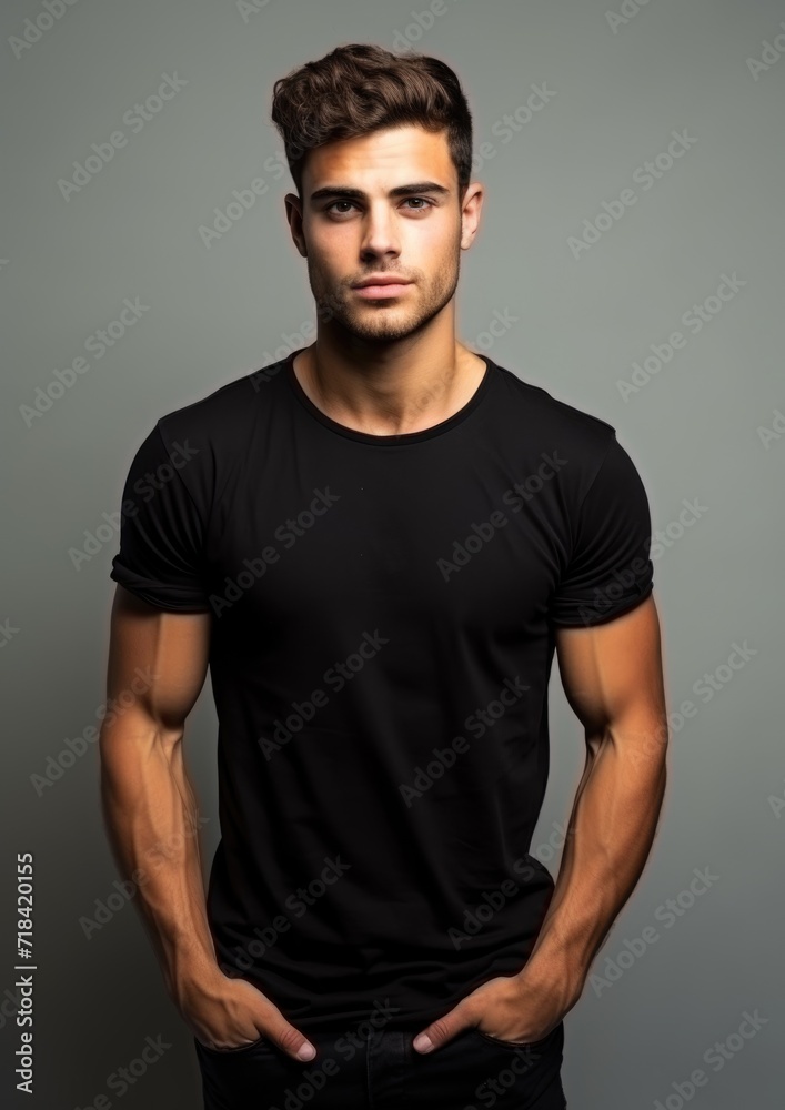 young male model in a black T-shirt on a gray background young male model in a black T-shirt on a gray background