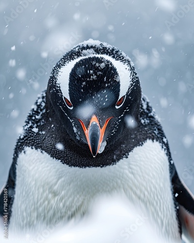 Front view of Penguin Adelie with snow fall AI Generative