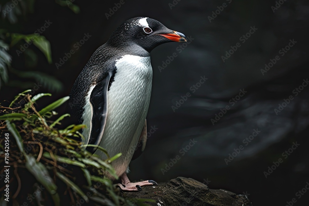 Fototapeta premium Portrait majestic of Penguin Adelie standing on the stone AI Generative