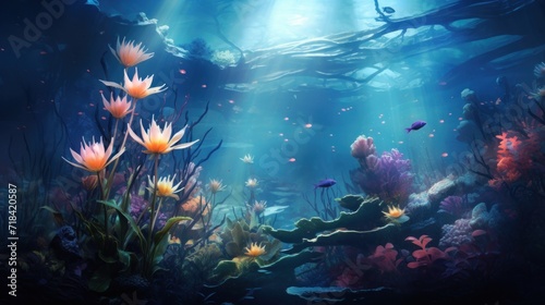  a painting of an underwater scene with corals and other marine life in the foreground and sunlight streaming through the water.