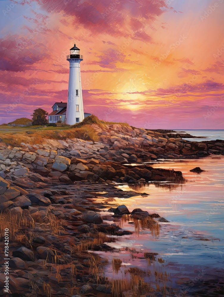 Lighthouse Bliss: Coastal New England Lighthouses Sunset Painting