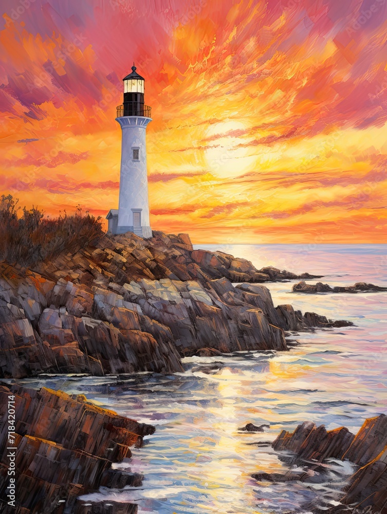 Coastal New England Lighthouses Sunset Painting: Captivating Lighthouse in Sunset Glow
