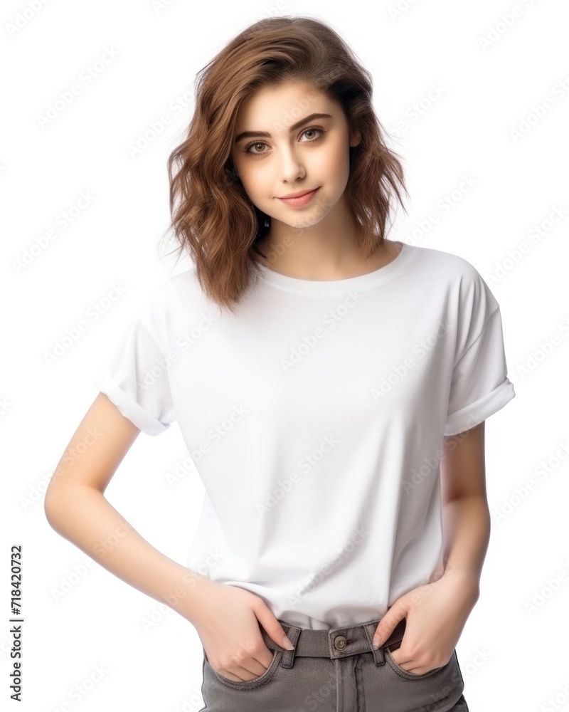 Smiling woman on a white background wearing a white T-shirt Smiling woman on a white background wearing a white T-shirt
