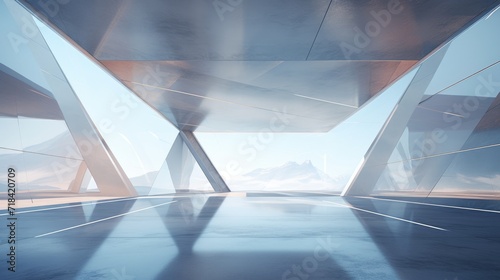 d render of abstract futuristic glass architecture with empty concrete floor  AI generated photo