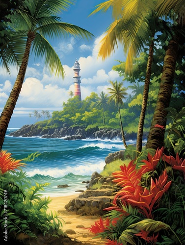 Coastal New England Lighthouses: Tropical Beach Art - Lighthouse on Tropical Coast