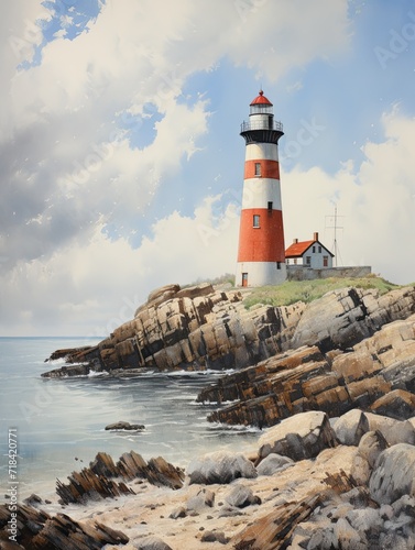 Vintage Coastal New England Lighthouses: Captivating Historic Lighthouse Scene
