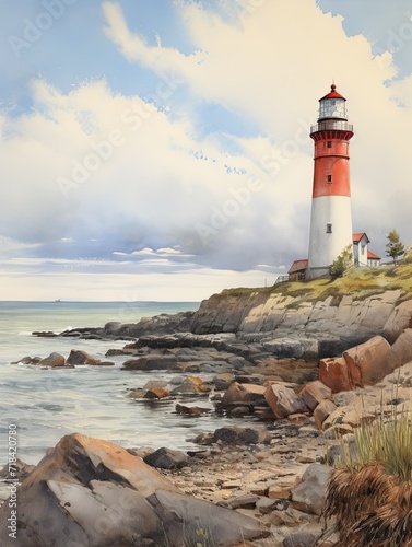 Vintage Coastal New England Lighthouses: A Historic Lighthouse Scene