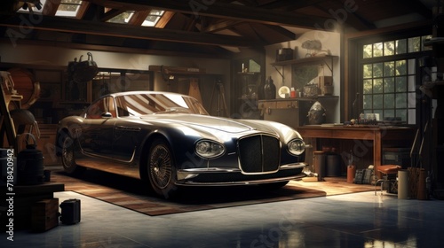 A beautiful luxurious car sitting in a home garage awaiting professional repair and servicing  AI generated © Olive Studio