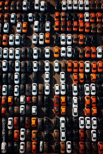 A birds eye view of a dealership packed with shiny new cars from various manufacturers in a sale event  AI generated