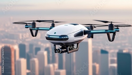 futuristic manned roto passenger drone flying in the sky over modern city for future air transportation and robotaxi concept as wide banner with copy space area created with generative ai	 photo