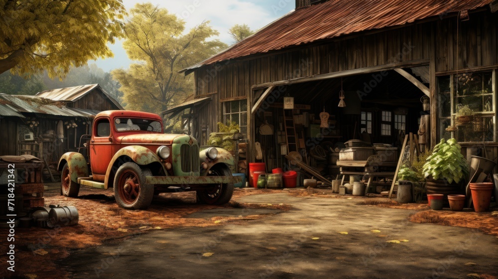 A car garage in a rural setting fixing old farm vehicles  AI generated
