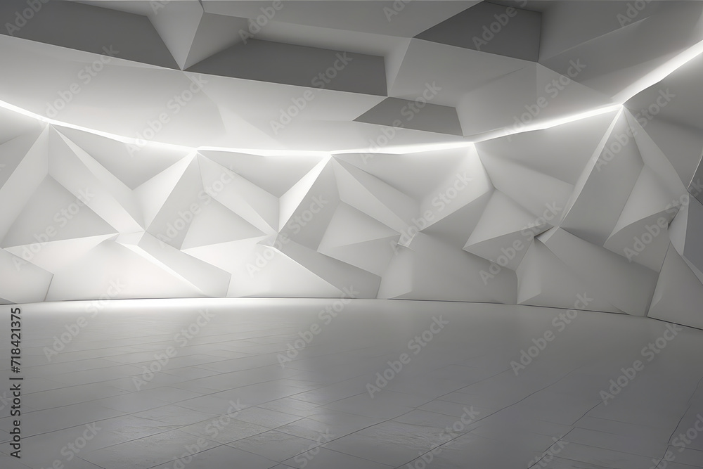 White clean empty interior room with indirect light from right and cornered back walll. 3d rendering. - obrazy, fototapety, plakaty 