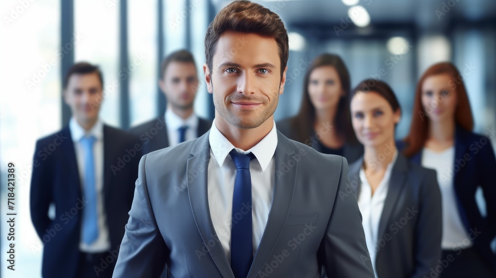 A charismatic business leader standing ahead of his cheerful team in a corporate office environment AI generated A charismatic business leader standing ahead of his cheerful team in a corporate office environment AI generated