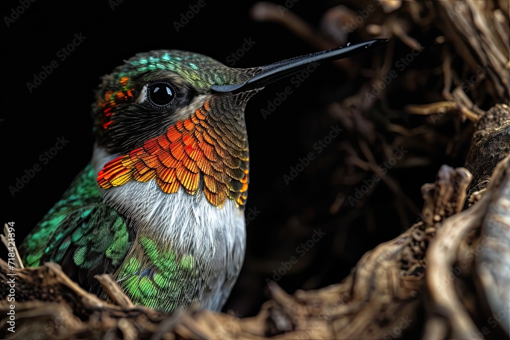 Obraz premium Majestic of Ruby-Throated Hummingbird on the dark background AI Generative