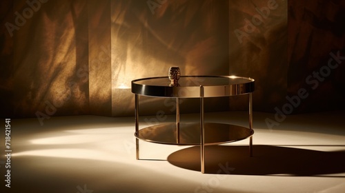 A chic metal table for product display contrasted with the interplay of soft shadows and sunlight AI generated