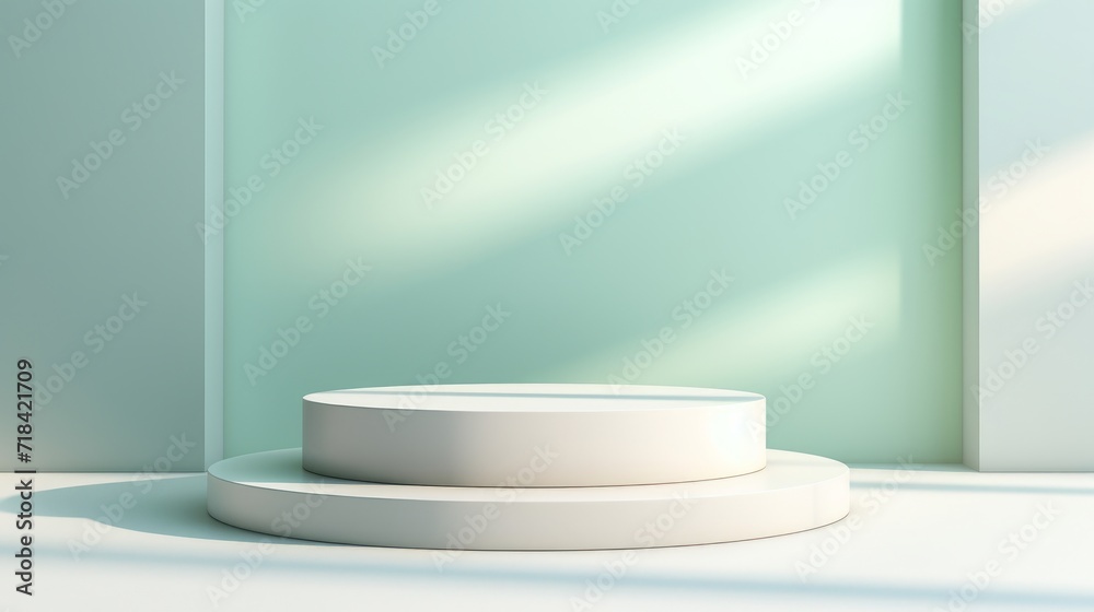 A clean white podium surrounded by soft natural shadows on a light pastel turquoise abstract background AI generated A clean white podium surrounded by soft natural shadows on a light pastel turquoise abstract background AI generated