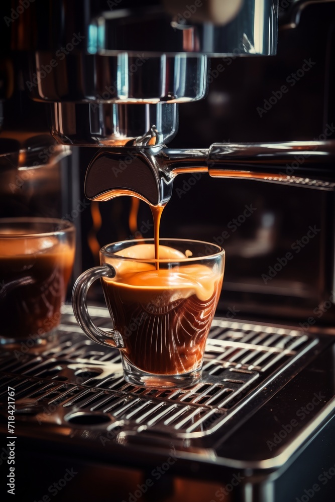 A close-up of velvety dark espresso flowing from a coffee machine at a local cafe AI generated A close-up of velvety dark espresso flowing from a coffee machine at a local cafe AI generated