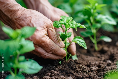 Close-up of a gardener's hands gently placing a plant in the soil, capturing the essence of nurturing and growth generative ai