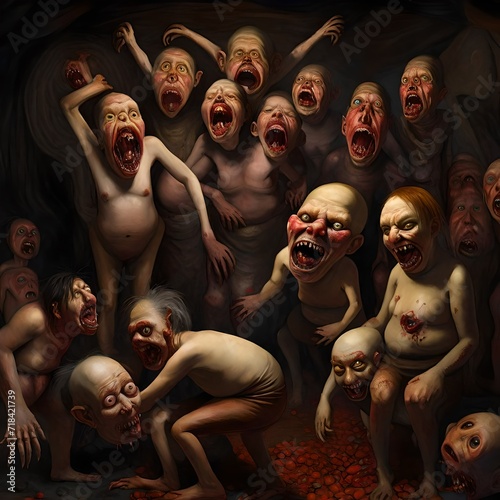 digital oil painting of ugly monsters their bodies bloated with blood splatters