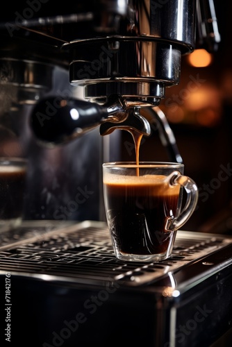 A close-up of velvety dark espresso flowing from a coffee machine at a local cafe  AI generated © Olive Studio