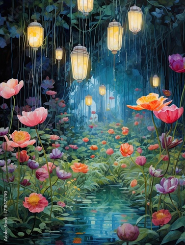 Floating Lantern Festivals: Enchanting Garden Scene with Festive Florals