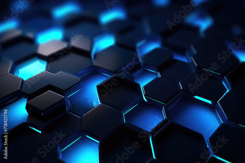 Hexagonal geometric ultra wide background. Abstract blue of futuristic. Sci fi banner, cover. 3d render illustration.