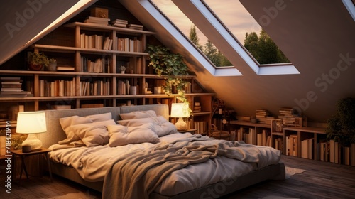 A cozy attic bedroom with skylights and warm textiles  AI generated photo