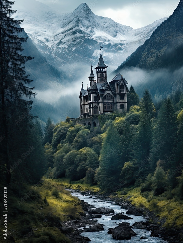 Gothic Victorian Mansions Valley Landscape: Majestic Mansion Overlooking Dark Valley