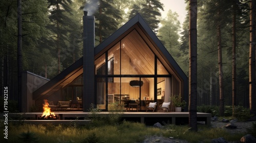 A cozy small wooden house with a sleek metal roof designed in modern Scandinavian style deep in the forest  AI generated © Olive Studio
